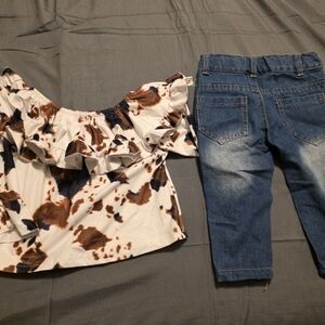 Stylish Kids Matching Set with Ruffled Top and Denim Pants